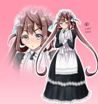  1girl alternate_costume apron asagumo_(kancolle) black_dress brown_hair dress enmaided frilled_apron frilled_dress frills grey_eyes juliet_sleeves kantai_collection long_hair long_sleeves maid maid_apron maid_headdress pink_background puffy_sleeves tk8d32 twintails white_apron 