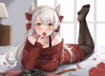  1girl amatsukaze_(kancolle) black_legwear blush brown_sweater chocolate eyebrows_visible_through_hair feet fingernails hair_between_eyes hair_tubes kantai_collection lamp long_hair long_sleeves lying natsume_(natsume_melio) off-shoulder_sweater off_shoulder on_stomach open_mouth pantyhose silver_hair solo sweater the_pose two_side_up valentine window windsock yellow_eyes 