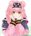  1girl animal_ears arknights bangs black_choker black_hairband cat_ears choker commentary goldenglow_(arknights) hairband hands_up infection_monitor_(arknights) jacket lightning_bolt_print long_hair looking_at_viewer multicolored_clothes multicolored_jacket pink_hair solo two-tone_jacket upper_body yellow_eyes yuu_artzu 