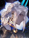  1boy alternate_hairstyle arjuna_(fate) arjuna_alter_(fate) arjuna_alter_(festival_outfit)_(fate) braid dark-skinned_male dark_skin earrings fate/grand_order fate_(series) gloves grey_eyes highres horns indian_clothes jewelry long_hair looking_at_viewer male_focus sqloveraven turtleneck white_gloves white_hair 