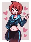  1girl alternate_costume arezu_(pokemon) bag gradient_clothes heart highres navel open_mouth pokemon pokemon_(game) pokemon_legends:_arceus red_eyes redhead short_hair solo touyarokii winking_(animated) 