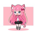  1girl :d animal_ear_fluff animal_ears black_skirt blonde_hair blue_eyes blush bow cat_ears cat_girl cat_tail chibi commentary commission copyright_request english_commentary full_body grey_legwear hair_bow heart jacket kurotofu long_hair long_sleeves looking_at_viewer multicolored_hair no_shoes open_clothes open_jacket pink_background pink_hair pink_jacket plaid plaid_jacket pleated_skirt red_bow second-party_source shirt skirt sleeves_past_wrists smile socks solo standing streaked_hair tail two-tone_background unmoving_pattern very_long_hair white_background white_shirt 