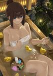  1girl bangs bathing blue_eyes blush bottle breasts brown_hair bucket closed_mouth commentary_request feet_out_of_frame grass hair_bun highres knees_up lantern large_breasts looking_at_viewer naked_towel noeru original partially_submerged rubber_duck short_hair sidelocks sitting solo towel water 