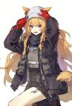  1girl :d animal_ears arknights bangs black_coat black_footwear black_scarf black_skirt blonde_hair boots braid ceobe_(arknights) ceobe_(unfettered)_(arknights) chain coat dog_ears dog_girl dog_tail dogdogbhh ears_through_headwear eyebrows_visible_through_hair fang gloves high-waist_skirt highres knee_boots leg_up long_hair long_sleeves looking_at_viewer official_alternate_costume open_clothes open_coat open_mouth oripathy_lesion_(arknights) red_eyes red_gloves scarf simple_background skirt smile solo standing standing_on_one_leg tail twin_braids very_long_hair white_background 