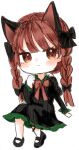  1girl animal_ears ao_orin_ringo arm_support bangs black_bow black_dress black_footwear blush bow bowtie braid cat_ears chibi closed_mouth dress expressionless extra_ears full_body hair_bow hair_ribbon hand_up highres juliet_sleeves kaenbyou_rin long_hair long_sleeves looking_to_the_side mary_janes puffy_sleeves red_bow red_bowtie red_eyes redhead ribbon shoes simple_background sitting solo touhou tress_ribbon twin_braids twintails white_background 