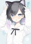  1girl animal_ear_fluff animal_ears arms_up bangs black_hair blue_eyes capriccio cat_ears cat_hair_ornament commentary_request fake_animal_ears hair_between_eyes hair_ornament hairband hairclip long_sleeves looking_at_viewer open_mouth original shirt short_hair solo translation_request upper_body white_shirt 