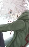  1boy bangs danganronpa_(series) danganronpa_2:_goodbye_despair from_side green_jacket grey_eyes grey_hair hood hood_down jacket komaeda_nagito long_sleeves looking_at_viewer male_focus medium_hair messy_hair shi_gu_(sigu_69) sideways_glance simple_background solo white_background 