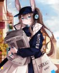  1girl amiya_(arknights) amiya_(newsgirl)_(arknights) animal_ear_fluff animal_ears arknights bag baseball_cap blue_eyes blue_headwear blue_jacket blue_sky blurry blush building clothes_writing clouds depth_of_field dress ears_through_headwear hair_between_eyes hair_through_headwear hat highres holding holding_newspaper implied_extra_ears jacket jewelry kairi630 looking_at_viewer multiple_rings newspaper official_alternate_costume open_clothes open_jacket outdoors ponytail rabbit_ears railing ring shoulder_bag sidelocks sky smile solo thumb_ring town white_dress 
