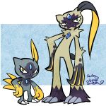  2others alternate_color ariga_hitoshi claws closed_mouth commentary_request english_text fangs full_body height_difference highres multiple_others open_mouth pokemon pokemon_(creature) pokemon_(game) pokemon_legends:_arceus purple_fur red_eyes shiny_pokemon signature simple_background sneasel sneasler standing tail_feathers 