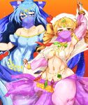  2girls alternate_costume arabian_clothes arm_up bangle bangs bare_shoulders blue_bow blue_eyes blue_hair blush bow bracelet breasts bright_pupils collarbone commentary_request covered_mouth covered_navel dancer detached_sleeves drill_hair eyelashes fingernails gold_bracelet gold_trim hair_bow hair_ribbon hat hat_bow highres jewelry long_hair looking_at_viewer looking_to_the_side medium_breasts medium_hair multiple_girls navel necklace no_bra orange_eyes orange_hair pandain ponytail puffy_sleeves red_bow ribbon ring see-through see-through_sleeves shiny shiny_hair siblings sideboob sidelocks sisters smile sparkle standing stomach thighs tiara touhou tress_ribbon veil white_headwear white_pupils yorigami_jo&#039;on yorigami_shion 