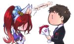 1boy 1girl alternate_costume animal_ears bangs black_hair black_jacket blood blush bouquet bow bowtie brooch brown_hair collared_shirt dress english_text enmaided fake_animal_ears from_side garen_(league_of_legends) grey_background hetero holding holding_bouquet jacket jewelry katarina_(league_of_legends) league_of_legends long_hair long_sleeves maid multicolored_clothes multicolored_dress nosebleed purple_bow purple_bowtie purple_dress shinaa_(maddynshinaa) shirt short_hair simple_background speech_bubble twintails upper_body white_dress white_shirt