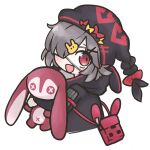  1girl :d arknights bag bangs black_headwear black_jacket bow bunny_hair_ornament commentary_request eyepatch grey_hair hair_ornament hair_over_one_eye hat hood hood_down hooded_jacket jacket looking_at_viewer medical_eyepatch object_hug popukar_(arknights) red_bow red_eyes rihi_ewokakune shoulder_bag simple_background smile solo stuffed_animal stuffed_bunny stuffed_toy white_background x_hair_ornament yellow_bow 