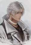  1boy black_shirt choker closed_mouth coat commentary final_fantasy final_fantasy_xiv grey_background grey_eyes hyur kanmay male_focus neck_tattoo open_clothes open_coat shirt short_hair silver_hair solo symbol-only_commentary tattoo thancred_waters upper_body white_choker white_coat 