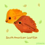  animal animal_focus artist_name closed_mouth commentary english_commentary english_text fins fish from_side green_background leaf no_humans orange_eyes original pikaole simple_background smile tail_fin watermark yellow_eyes 
