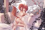  1girl absurdres angelina_(arknights) angelina_(summer_flowers)_(arknights) animal_ears arknights ass backless_swimsuit bangs bare_back bare_shoulders beancake black_choker breasts brown_eyes brown_hair choker commentary fox_ears fox_tail highres infection_monitor_(arknights) large_breasts long_hair looking_at_viewer off_shoulder one-piece_swimsuit red_swimsuit sandals solo swimsuit tail thigh_strap thighs twintails 