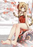  1girl absurdres animal_ears ankleband arknights barefoot blonde_hair bottomless brown_hair collarbone du_(arknights) ear_ornament full_body hair_ribbon highres looking_at_viewer multicolored_hair red_eyes red_shirt ribbon scowl shirt sitting solo songchuan_li streaked_hair tail tiger_ears tiger_girl tiger_tail tree v-shaped_eyebrows 