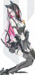  1girl arm_blade bangs black_hair black_skirt breasts colored_inner_hair cyborg detached_collar hair_behind_ear head_tilt highres long_hair looking_at_viewer masuda_mikio mechanical_arms mechanical_ears mechanical_legs medium_breasts midriff multicolored_hair navel original parted_bangs pink_hair science_fiction skirt solo violet_eyes weapon 