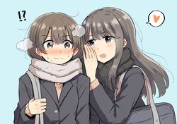  !? 2girls bag bangs betock black_scarf blazer blue_background blue_bag blush brown_eyes brown_sweater commentary_request eyebrows_visible_through_hair grey_jacket grey_scarf hair_between_eyes heart highres jacket long_hair multiple_girls open_mouth original scarf school_bag school_uniform short_hair sidelocks simple_background sweatdrop sweater violet_eyes yuri 