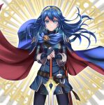  1girl armor bangs black_pants blue_cape blue_eyes blue_gloves blue_hair blue_jacket brown_hairband cape closed_mouth commission cowboy_shot falchion_(fire_emblem) fingerless_gloves fire_emblem fire_emblem_awakening floating_hair gloves hair_between_eyes hairband hands_on_hilt highres jacket kakiko210 long_hair looking_at_viewer lucina_(fire_emblem) pants shiny shiny_hair shoulder_armor skeb_commission solo standing very_long_hair 
