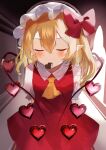  1girl arms_behind_back ascot blonde_hair blush bow candy chocolate closed_eyes dress eyebrows_visible_through_hair flandre_scarlet food hair_between_eyes hat heart heart-shaped_chocolate mob_cap mouth_hold pointy_ears red_bow red_dress red_eyes sakizaki_saki-p short_hair short_sleeves side_ponytail solo touhou valentine wings yellow_ascot 