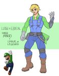  2boys arm_up bangs blonde_hair blue_pants brown_footwear character_name collared_shirt copyright_name cosplay diter-trsey ezreal full_body gloves goggles goggles_on_head green_background green_headwear green_shirt grey_gloves league_of_legends long_sleeves looking_at_viewer luigi luigi_(cosplay) male_focus multiple_boys pants shirt short_hair super_mario_bros. white_background white_gloves 
