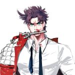  1boy angry battle_tendency blood blood_on_face blue_eyes brown_hair dress_shirt green_eyes heoreo jacket jojo_no_kimyou_na_bouken joseph_joestar joseph_joestar_(young) male_focus mouth_hold nosebleed off_shoulder padded_coat red_jacket shirt solo undone_necktie wrench 