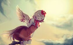  1girl :d animal_on_head bangs bird bird_on_head bird_wings blonde_hair boots brown_footwear chick closed_eyes clouds dress highres multicolored_hair niwatari_kutaka on_head open_mouth orange_dress outdoors redhead shaku_(syak_18) shirt short_sleeves sky smile tail_feathers touhou two-tone_hair white_shirt wings yellow_wings 