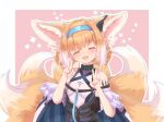  1girl :d ^_^ animal_ears arknights bangs bare_shoulders blue_hairband blush braid chrocatz closed_eyes commentary_request double_v eyebrows_visible_through_hair facing_viewer fang floral_background fox_ears fox_girl fox_tail hair_rings hairband hands_up head_tilt highres kitsune outline pink_background shirt smile solo suzuran_(arknights) tail twin_braids two-tone_background v white_background white_outline white_shirt 