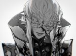  1boy asclepius_(fate) au_(d_elite) copyright_request eyelashes fate/grand_order fate_(series) hair_between_eyes jacket long_hair looking_at_viewer male_focus monochrome silver_hair simple_background solo type-moon upper_body white_background 