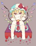  1girl :o ascot baron_(x5qgeh) blonde_hair blush bow crossed_arms crystal expressionless eyebrows_behind_hair flandre_scarlet frilled_skirt frills grey_background hair_between_eyes hat hat_ribbon highres looking_at_viewer medium_hair mob_cap puffy_short_sleeves puffy_sleeves red_bow red_eyes red_ribbon red_skirt red_vest ribbon shirt short_sleeves simple_background sitting skirt solo touhou vest white_shirt wings yellow_ascot 