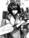  1girl arrow_(projectile) bangs breasts greyscale hair_between_eyes hair_over_one_eye headband holding holding_sword holding_weapon hyuuga_(kancolle) hyuuga_kai_ni_(kancolle) japanese_clothes kantai_collection katana kurou_(bcrow) looking_at_viewer monochrome open_mouth quiver rigging simple_background solo sword undershirt upper_body weapon wide_sleeves 