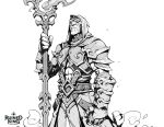  1boy abs armor belt character_request commentary copyright_name greyscale hicham_habchi highres holding holding_staff hood hood_up league_of_legends long_sleeves monochrome necrit_(league_of_legends) no_eyes official_art pants parted_lips ruined_king:_a_league_of_legends_story solo staff teeth 
