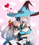1girl bangs black_bow blue_eyes blue_hat bow braid breasts citron80citron fate/grand_order fate_(series) french_braid grey_hair hair_bow hat heart large_breasts long_hair morgan_le_fay_(fate) ponytail sidelocks thighs very_long_hair witch_hat