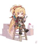  1girl animal_ears backpack bag bird blonde_hair botamochi_(exwelder) box brown_dress brown_legwear chicken closed_mouth dress full_body granblue_fantasy harvin holding holding_wrench ladder long_hair long_sleeves looking_at_viewer mahira_(granblue_fantasy) okobo red_eyes shadow sidelocks signature simple_background sitting solo white_background wrench 