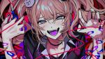  1girl bandaid bangs bear_hair_ornament black_bra black_choker black_nails black_shirt bow bra breasts choker colored_tongue danganronpa:_trigger_happy_havoc danganronpa_(series) enoshima_junko fangs hair_between_eyes hair_ornament hands_up heart heart-shaped_pupils highres holding holding_scissors large_breasts looking_at_viewer muuyiie nail_polish open_mouth pink_background portrait purple_tongue red_bow scissors shiny shiny_hair shirt smile solo symbol-shaped_pupils teeth twintails underwear 