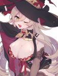  1girl blonde_hair blush breasts cape gloves hat highres large_breasts long_hair nekojiri nijisanji nui_sociere one_eye_closed pale_skin thick_thighs thigh-highs thighs very_long_hair virtual_youtuber witch witch_hat yellow_eyes 