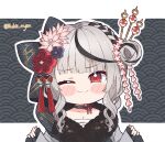  ;) bangs black_hair black_scarf blunt_bangs blush_stickers closed_mouth commentary english_commentary eyebrows_visible_through_hair fur_scarf hair_ornament hairpin hololive japanese_clothes kanzashi kimono kukie-nyan multicolored_hair official_alternate_costume one_eye_closed pinching_sleeves red_eyes sakamata_chloe scarf side_bun silver_hair smile streaked_hair virtual_youtuber w_arms 