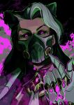  1girl artist_name bangs black_background black_hair black_sclera collared_shirt colored_sclera grey_hair hair_cones hand_up highres league_of_legends long_hair looking_at_viewer mask megi_(lordmegi) mouth_mask necktie pink_background pink_eyes renata_(league_of_legends) shirt solo white_necktie 