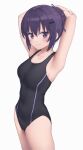  1girl armpits arms_behind_head arms_up bangs black_swimsuit braid breasts collarbone commentary cowboy_shot french_braid gochuumon_wa_usagi_desu_ka? hair_between_eyes hair_ornament hair_up hairclip highres looking_at_viewer medium_breasts mikazuchi_zeus one-piece_swimsuit simple_background smile solo swimsuit tedeza_rize violet_eyes white_background 