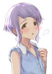  blue_shirt blush collarbone commentary_request ear_blush eyebrows flat_chest hakubaru hot idolmaster idolmaster_million_live! looking_at_viewer makabe_mizuki open_mouth purple_hair shirt short_hair sidelocks sleeves_rolled_up solo steam sweat unbuttoned unbuttoned_shirt upper_body white_background wing_collar yellow_eyes 