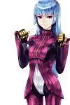  1girl bangs blue_hair blunt_bangs breasts chaps clenched_hands cropped_jacket eyebrows_visible_through_hair gauntlets jacket kula_diamond kurou_(bcrow) large_breasts long_hair long_sleeves looking_at_viewer simple_background solo the_king_of_fighters violet_eyes white_background 