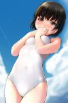  1girl absurdres bangs bare_arms black_hair blue_sky blush breasts brown_eyes clouds covered_navel covering_mouth day eyebrows_visible_through_hair highres legs_together long_hair matsunaga_kouyou one-piece_swimsuit original outdoors short_hair sky small_breasts solo standing swimsuit white_swimsuit 