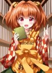  1girl apron bell blush book checkered_clothes checkered_kimono clothes_writing eyebrows_visible_through_hair green_skirt hair_bell hair_between_eyes hair_ornament highres holding holding_book index_finger_raised japanese_clothes jingle_bell kimono long_sleeves motoori_kosuzu open_mouth red_eyes redhead ruu_(tksymkw) short_hair skirt smile solo touhou two_side_up upper_body wide_sleeves yellow_apron 