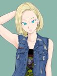  1girl android_18 armpits blonde_hair blue_eyes denim dragon_ball dragon_ball_z earrings jacket jewelry kajino_(aosansai) looking_at_viewer short_hair simple_background solo 