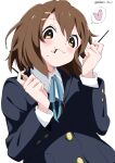  1girl absurdres bangs blazer blue_jacket blue_ribbon brown_eyes brown_hair closed_mouth collared_shirt commentary_request eyebrows_visible_through_hair food food_in_mouth food_on_face hair_between_eyes hair_ornament hairclip hands_up heart highres hirasawa_yui jacket k-on! light_blush long_sleeves looking_at_viewer medium_hair neck_ribbon pocky ribbon sakuragaoka_high_school_uniform school_uniform shirt simple_background solo spoken_heart twitter_username upper_body white_background white_gorilla_(okamoto) white_shirt 