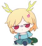 1girl angry antlers blonde_hair blue_shirt blue_skirt chibi dragon_girl dragon_horns dragon_tail fumo_(doll) highres horns kicchou_yachie rei_(tonbo0430) shaded_face shirt short_hair simple_background skirt solo tail touhou turtle_shell white_background