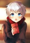  1boy :o absurdres backpack bag bangs blue_eyes blurry blurry_background blush box brown_coat child coat commentary eyebrows_visible_through_hair gift gift_box highres holding holding_gift leaning_forward looking_at_viewer male_focus open_mouth original randoseru red_scarf scarf shino_(shino1028) short_hair silver_hair solo sunlight upper_body valentine winter_clothes winter_coat 