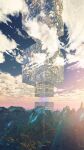  artist_name blue_sky clouds commentary_request day diffraction_spikes glowing gradient_sky highres mountain no_humans orb original outdoors scenery signature sky sunrise tree waisshu_(sougyokyuu) 