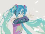  blue_eyes blue_hair english_text green_hair hand_up hatsune_miku twintails vocaloid white_background 