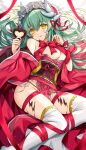  1girl breasts candy chocolate chocolate_on_face chocolate_on_legs dragon_girl dragon_horns fate/grand_order fate_(series) food food_on_face green_hair heart heart-shaped_chocolate highres holding holding_chocolate holding_food horns japanese_clothes kimono kiyohime_(fate) large_breasts long_hair morizono_shiki multiple_horns off_shoulder panties red_kimono red_ribbon ribbon side-tie_panties smile solo thigh-highs underwear valentine white_legwear white_panties wide_sleeves yellow_eyes 